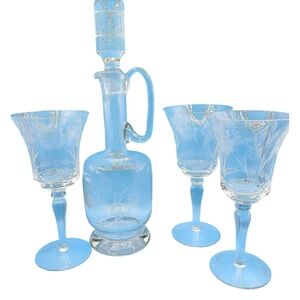 RARE‎ VTG 70s Leonard Silver Summerfield Etched Crystal Handled Carafe Set